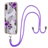 For Xiaomi Redmi 9A Electroplating Pattern IMD TPU Shockproof Case with Neck Lanyard(Purple Flower)