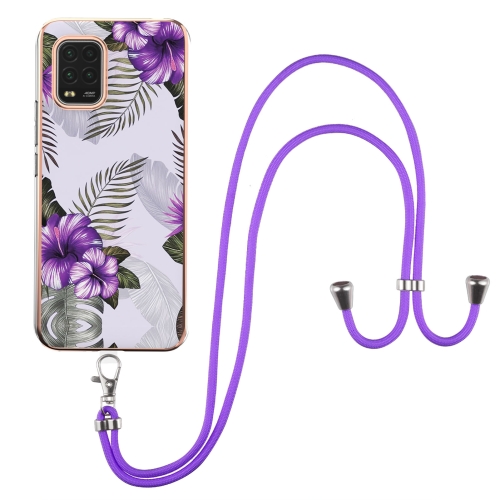 For Xiaomi Mi 10 Lite 5G Electroplating Pattern IMD TPU Shockproof Case with Neck Lanyard(Purple Flower)