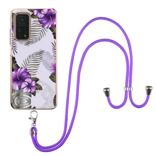 For Xiaomi Mi 10T 5G / 10T Pro 5G Electroplating Pattern IMD TPU Shockproof Case with Neck Lanyard(Purple Flower)