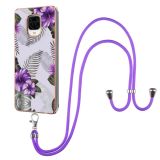 For Xiaomi Redmi Note 9S / Note 9 Pro Electroplating Pattern IMD TPU Shockproof Case with Neck Lanyard(Purple Flower)