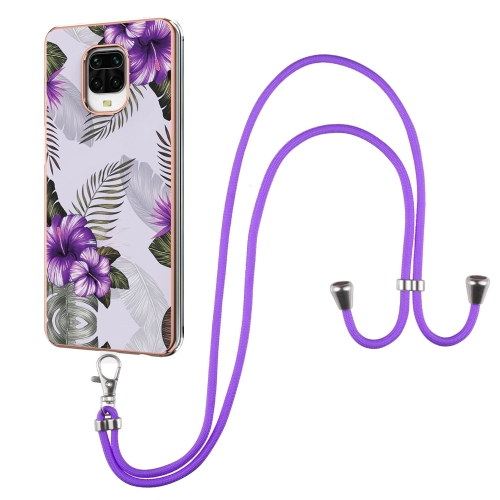 For Xiaomi Redmi Note 9S / Note 9 Pro Electroplating Pattern IMD TPU Shockproof Case with Neck Lanyard(Purple Flower)