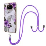For Xiaomi Poco X3 NFC Electroplating Pattern IMD TPU Shockproof Case with Neck Lanyard(Purple Flower)