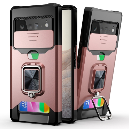 For Google Pixel 6 Sliding Camera Cover Design PC + TPU Shockproof Case with Ring Holder & Card Slot(Rose Gold)