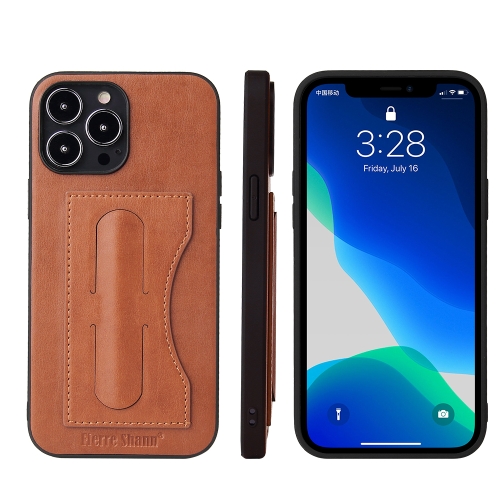 Fierre Shann Full Coverage Protective Leather Case with Holder & Card Slot For iPhone 13 Pro Max(Brown)
