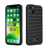 Fierre Shann Leather Texture Phone Back Cover Case For iPhone 13(Woven Black)