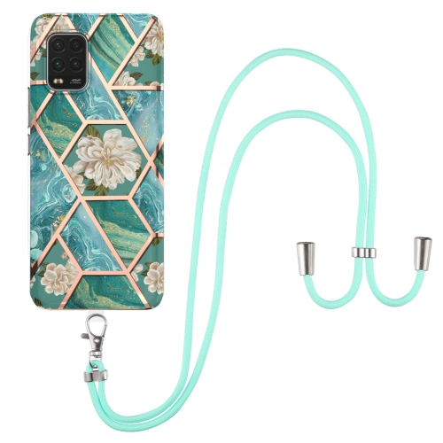 For Xiaomi Mi 10 Lite 5G Electroplating Splicing Marble Flower Pattern TPU Shockproof Case with Lanyard(Blue Flower)