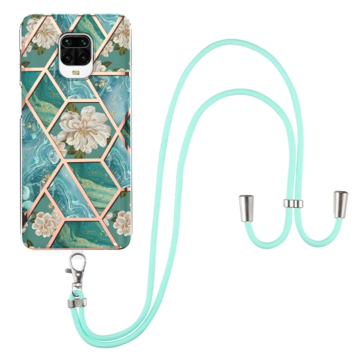 For Xiaomi Redmi Note 9S / Note 9 Pro Electroplating Splicing Marble Flower Pattern TPU Shockproof Case with Lanyard(Blue Flower)