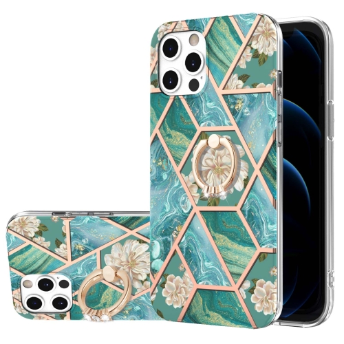 Electroplating Splicing Marble Flower Pattern TPU Shockproof Case with Rhinestone Ring Holder For iPhone 12 / 12 Pro(Blue Flower)