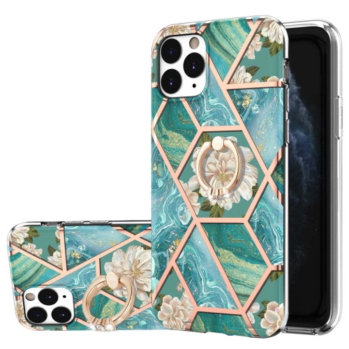 Electroplating Splicing Marble Flower Pattern TPU Shockproof Case with Rhinestone Ring Holder For iPhone 11 Pro(Blue Flower)