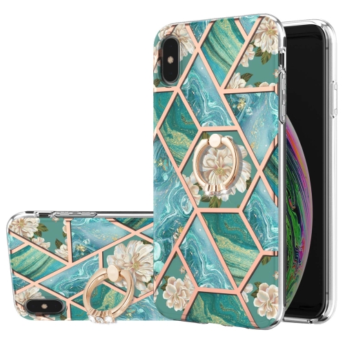 Electroplating Splicing Marble Flower Pattern TPU Shockproof Case with Rhinestone Ring Holder For iPhone X / XS(Blue Flower)