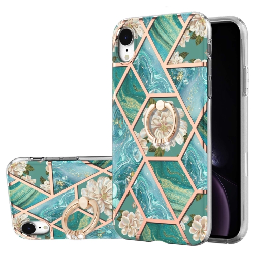 Electroplating Splicing Marble Flower Pattern TPU Shockproof Case with Rhinestone Ring Holder For iPhone XR(Blue Flower)