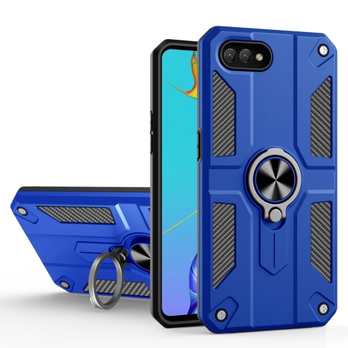 Carbon Fiber Pattern PC + TPU Protective Case with Ring Holder For OPPO A1k / Realme C2(Dark Blue)