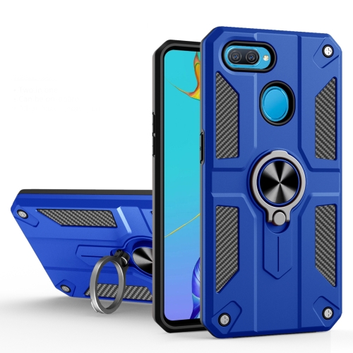 Carbon Fiber Pattern PC + TPU Protective Case with Ring Holder For OPPO A12 / A5s / A7(Dark Blue)