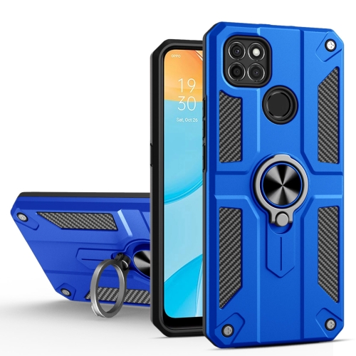 Carbon Fiber Pattern PC + TPU Protective Case with Ring Holder For OPPO A15(Dark Blue)