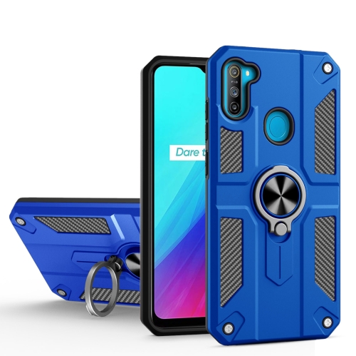Carbon Fiber Pattern PC + TPU Protective Case with Ring Holder For OPPO Realme 5 / C3(Dark Blue)