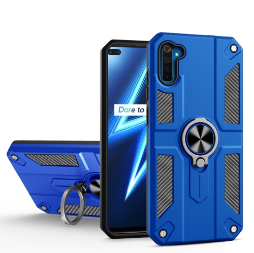 Carbon Fiber Pattern PC + TPU Protective Case with Ring Holder For OPPO Realme 6(Dark Blue)