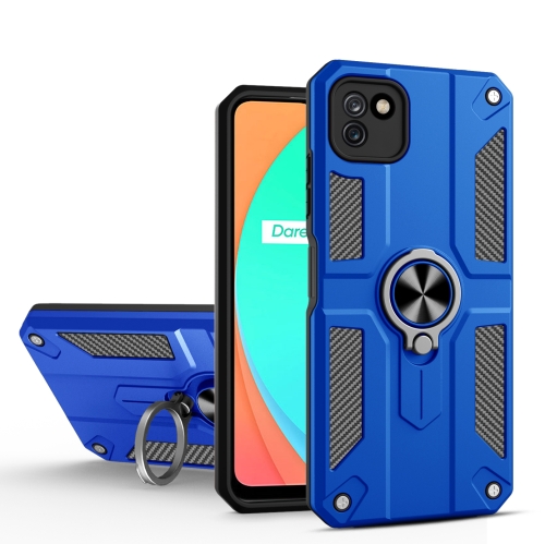 Carbon Fiber Pattern PC + TPU Protective Case with Ring Holder For OPPO Realme C11(Dark Blue)