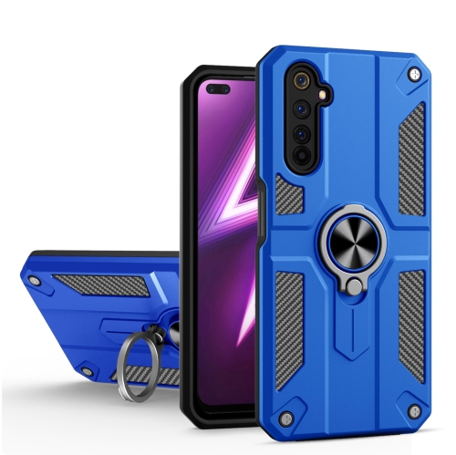 Carbon Fiber Pattern PC + TPU Protective Case with Ring Holder For OPPO Realme 6 Pro(Dark Blue)