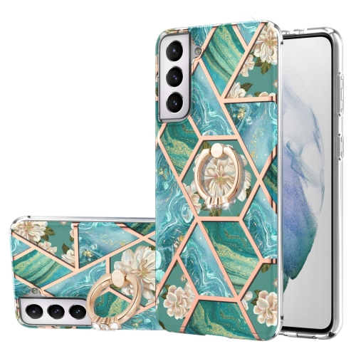 For Samsung Galaxy S21  5G Electroplating Splicing Marble Flower Pattern TPU Shockproof Case with Rhinestone Ring Holder(Blue Flower)