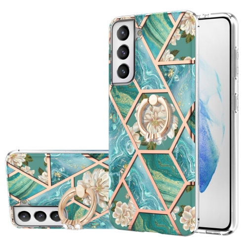 For Samsung Galaxy S21 FE Electroplating Splicing Marble Flower Pattern TPU Shockproof Case with Rhinestone Ring Holder(Blue Flower)