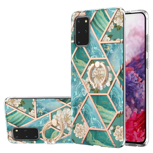 For Samsung Galaxy S20+ Electroplating Splicing Marble Flower Pattern TPU Shockproof Case with Rhinestone Ring Holder(Blue Flower)