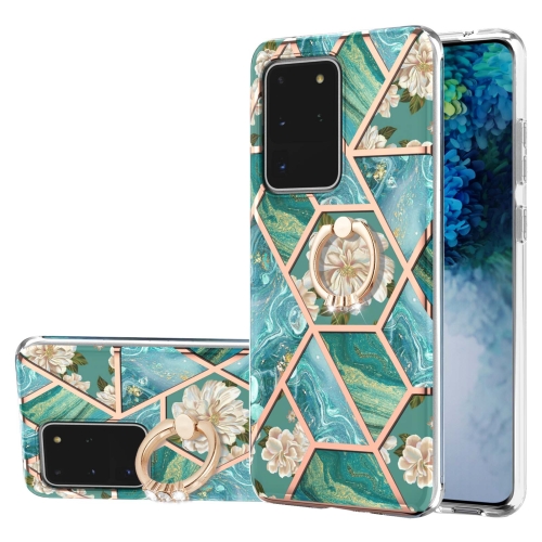 For Samsung Galaxy S20 Ultra Electroplating Splicing Marble Flower Pattern TPU Shockproof Case with Rhinestone Ring Holder(Blue Flower)