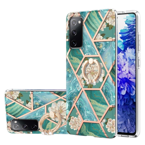 For Samsung Galaxy S20 FE / S20 Lite Electroplating Splicing Marble Flower Pattern TPU Shockproof Case with Rhinestone Ring Holder(Blue Flower)