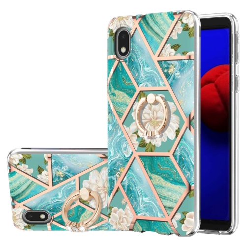 For Samsung Galaxy A01 Core Electroplating Splicing Marble Flower Pattern TPU Shockproof Case with Rhinestone Ring Holder(Blue Flower)