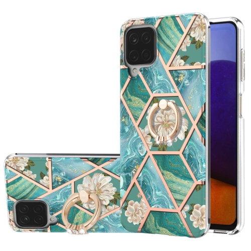 For Samsung Galaxy A12 5G/F12/M12 Electroplating Splicing Marble Flower Pattern TPU Shockproof Case with Rhinestone Ring Holder(Blue Flower)