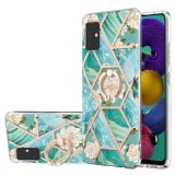 For Samsung Galaxy A51 5G Electroplating Splicing Marble Flower Pattern TPU Shockproof Case with Rhinestone Ring Holder(Blue Flower)