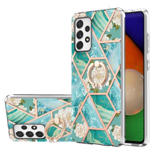 For Samsung Galaxy A52 5G / 4G Electroplating Splicing Marble Flower Pattern TPU Shockproof Case with Rhinestone Ring Holder(Blue Flower)