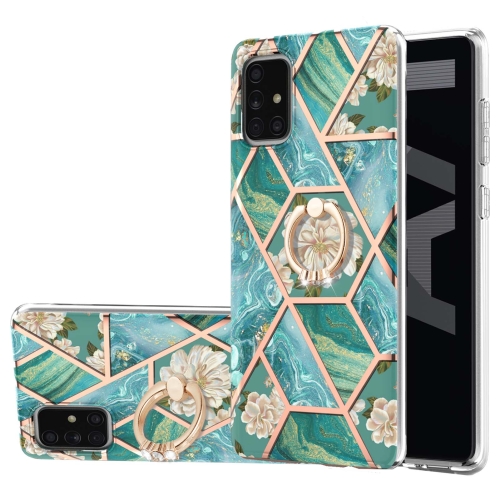 For Samsung Galaxy A71 5G Electroplating Splicing Marble Flower Pattern TPU Shockproof Case with Rhinestone Ring Holder(Blue Flower)