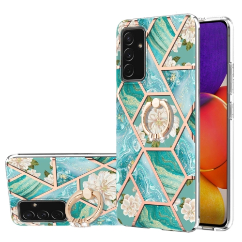 For Samsung Galaxy A82 5G Electroplating Splicing Marble Flower Pattern TPU Shockproof Case with Rhinestone Ring Holder(Blue Flower)