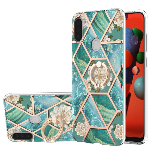 For Samsung Galaxy M11/A11 US/EU Verison Electroplating Splicing Marble Flower Pattern TPU Shockproof Case with Rhinestone Ring Holder(Blue Flower)