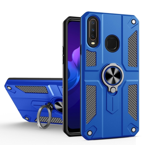 Carbon Fiber Pattern PC + TPU Protective Case with Ring Holder For vivo Y17 / Y12(Dark Blue)