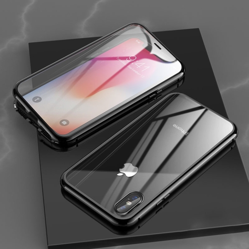 For iPhone XR Ultra Slim Double Sides Magnetic Adsorption Angular Frame Tempered Glass Magnet Flip Case(Black)
