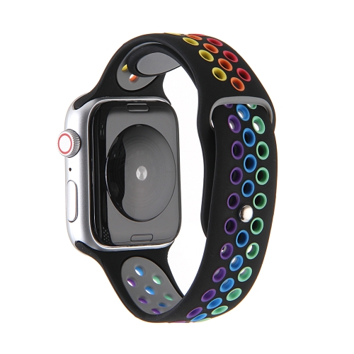 For Apple Watch Series 6 & SE & 5 & 4 44mm / 3 & 2 & 1 42mm Rainbow Sport Watchband (Black)