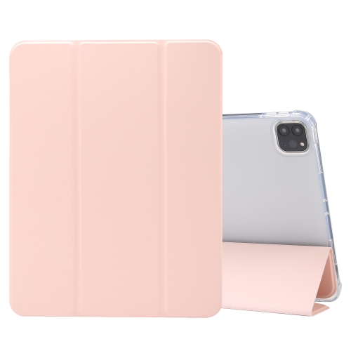 For iPad Pro 11 inch (2020) 3-folding Electric Pressed Skin Texture Horizontal Flip Shockproof Transparent TPU + PU Leather Case with Holder & Pen Slot & Sleep / Wake-up Function(Light Pink)