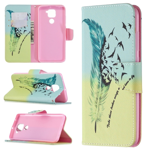For Xiaomi Redmi Note 9 Colored Drawing Pattern Horizontal Flip Leather Case with Holder & Card Slots & Wallet(Feather)