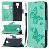 For Xiaomi Redmi Note 9 Two Butterflies Embossing Pattern Horizontal Flip Leather Case with Holder & Card Slot & Wallet & Lanyard(Green)