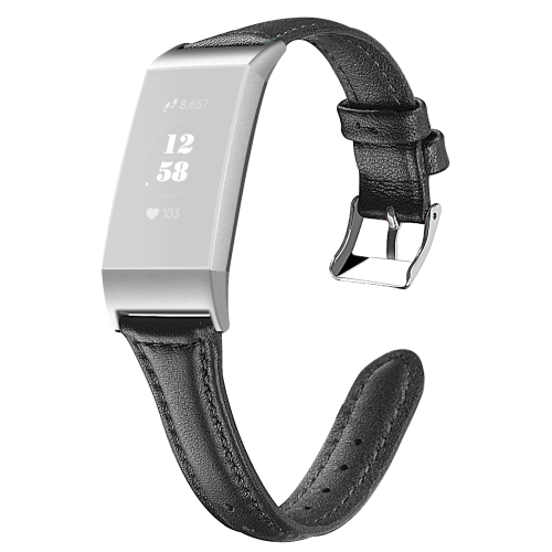 For Fitbit Charge 3 / 4 Slim Steel Head Leather Strap(Black)