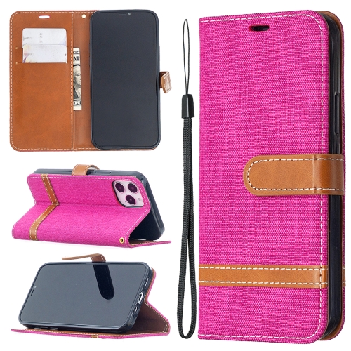 For iPhone 12 / 12 Pro Color Matching Denim Texture Horizontal Flip Leather Case with Holder & Card Slots & Wallet & Lanyard(Rose Red)