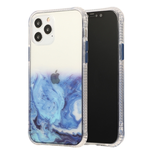For iPhone 12 Pro Max Marble Pattern Glittery Powder Shockproof TPU + Acrylic Protective Case with Detachable Buttons(Blue)