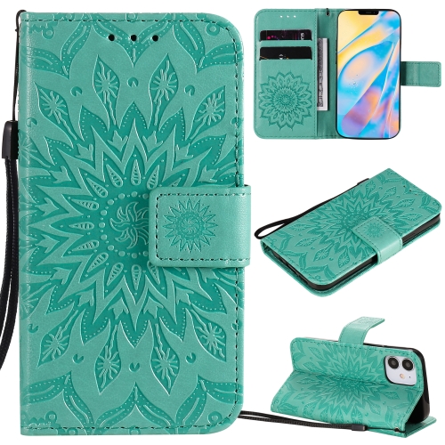 For iPhone 12 mini Pressed Printing Sunflower Pattern Horizontal Flip PU Leather Case Holder & Card Slots & Wallet & Lanyard(Green)