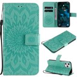 For iPhone 12 Pro Max Pressed Printing Sunflower Pattern Horizontal Flip PU Leather Case Holder & Card Slots & Wallet & Lanyard(Green)