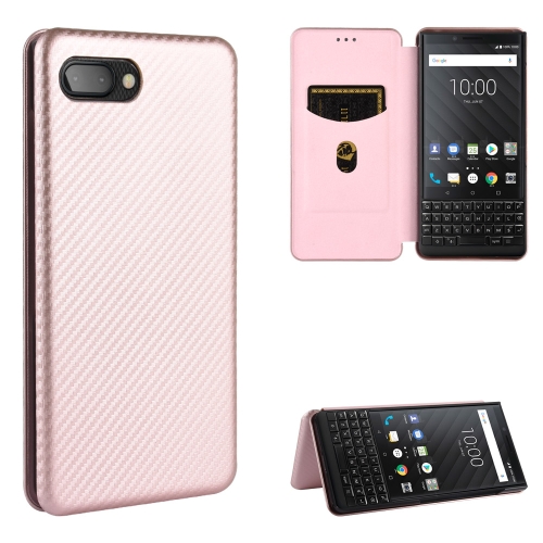 For BlackBerry KEY2 Carbon Fiber Texture Magnetic Horizontal Flip TPU + PC + PU Leather Case with Card Slot(Pink)