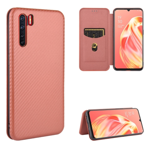 For OPPO A91 / F15 Reno3(Southeast Asia Version) Carbon Fiber Texture Magnetic Horizontal Flip TPU + PC + PU Leather Case with Card Slot(Brown)