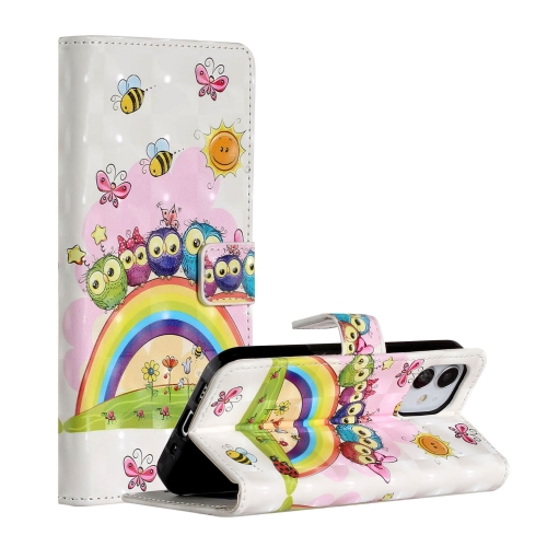 For iPhone 12 / 12 Pro 3D Painted Pattern Horizontal Flip Leather Case with Holder & Card Slots & Photo Frame & Wallet(Rainbow Cat Family)
