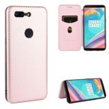 For OnePlus 5T Carbon Fiber Texture Magnetic Horizontal Flip TPU + PC + PU Leather Case with Card Slot(Pink)