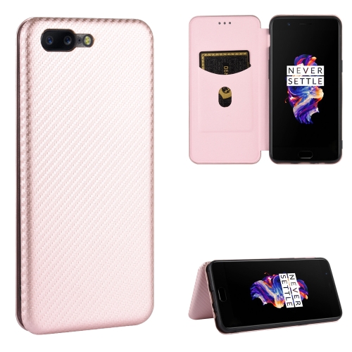 For OnePlus 5 Carbon Fiber Texture Magnetic Horizontal Flip TPU + PC + PU Leather Case with Card Slot(Pink)